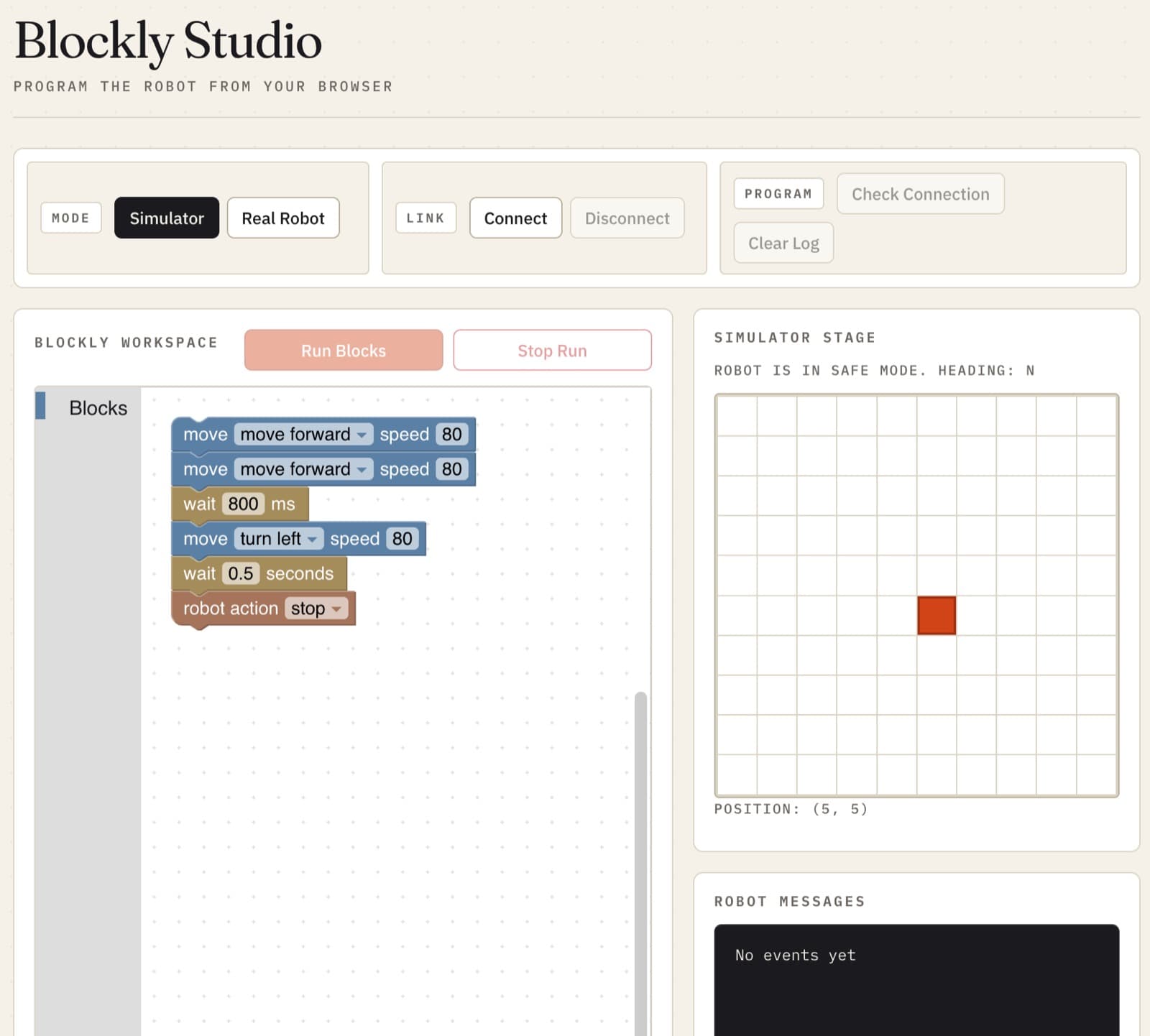 The Blockly Studio programming interface on roboforall.org